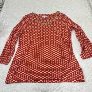 CHARTER CLUB V-Neck Stretch Pullover Top 3/4 Sleeves Orange/White/Bling size L